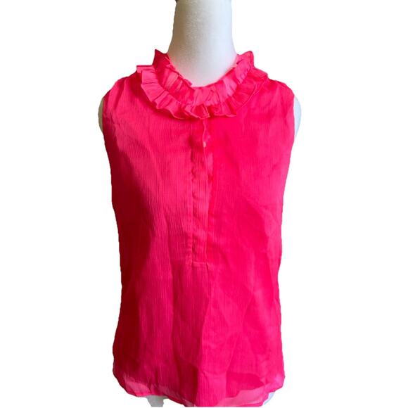 J. Crew Top XS Ruffles Sleeveless Neon Pink Barbie Sheer Summer Shirt 00 Office - Picture 2 of 8